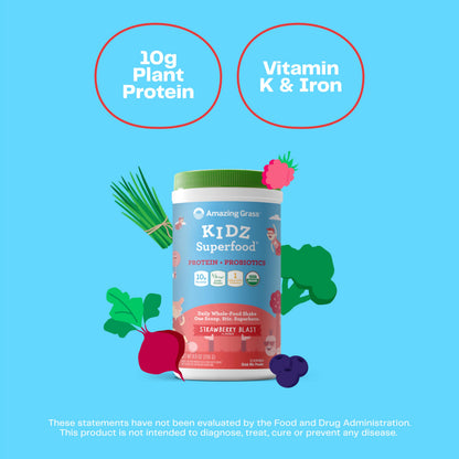 Amazing Grass Kidz Superfood: Vegan Protein & Probiotics for Kids with Beet Root Powder & 1/2 Cup of Leafy Greens, Strawberry Blast, 15 Servings Amazing GrassBuy Supplements Australia