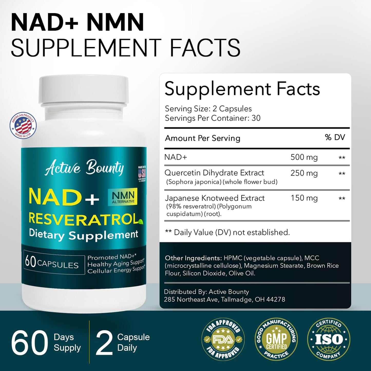 NAD+ Resveratrol Supplement with Quercetin – NMN Alternative for Cellular Energy Support, Focus & Healthy Aging – High Potency 500mg NAD+ Formula, Vegan, Non-GMO, Gluten-Free, Made in USA, 60 Capsules Active BountyBuy Supplements Australia