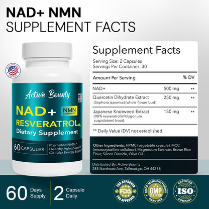 NAD+ Resveratrol Supplement with Quercetin – NMN Alternative for Cellular Energy Support, Focus & Healthy Aging – High Potency 500mg NAD+ Formula, Vegan, Non-GMO, Gluten-Free, Made in USA, 60 Capsules Active BountyBuy Supplements Australia