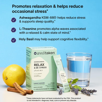WellTaken Ashwagandha Relax & De-Stress Powder - Lemon Lavender 14ct Box - 600mg Ashwagandha, 200mg L-Theanine, Holy Basil – Supports Stress, Relaxation – Vegan, No Added Sugar - 14 Servings WellTakenBuy Supplements Australia
