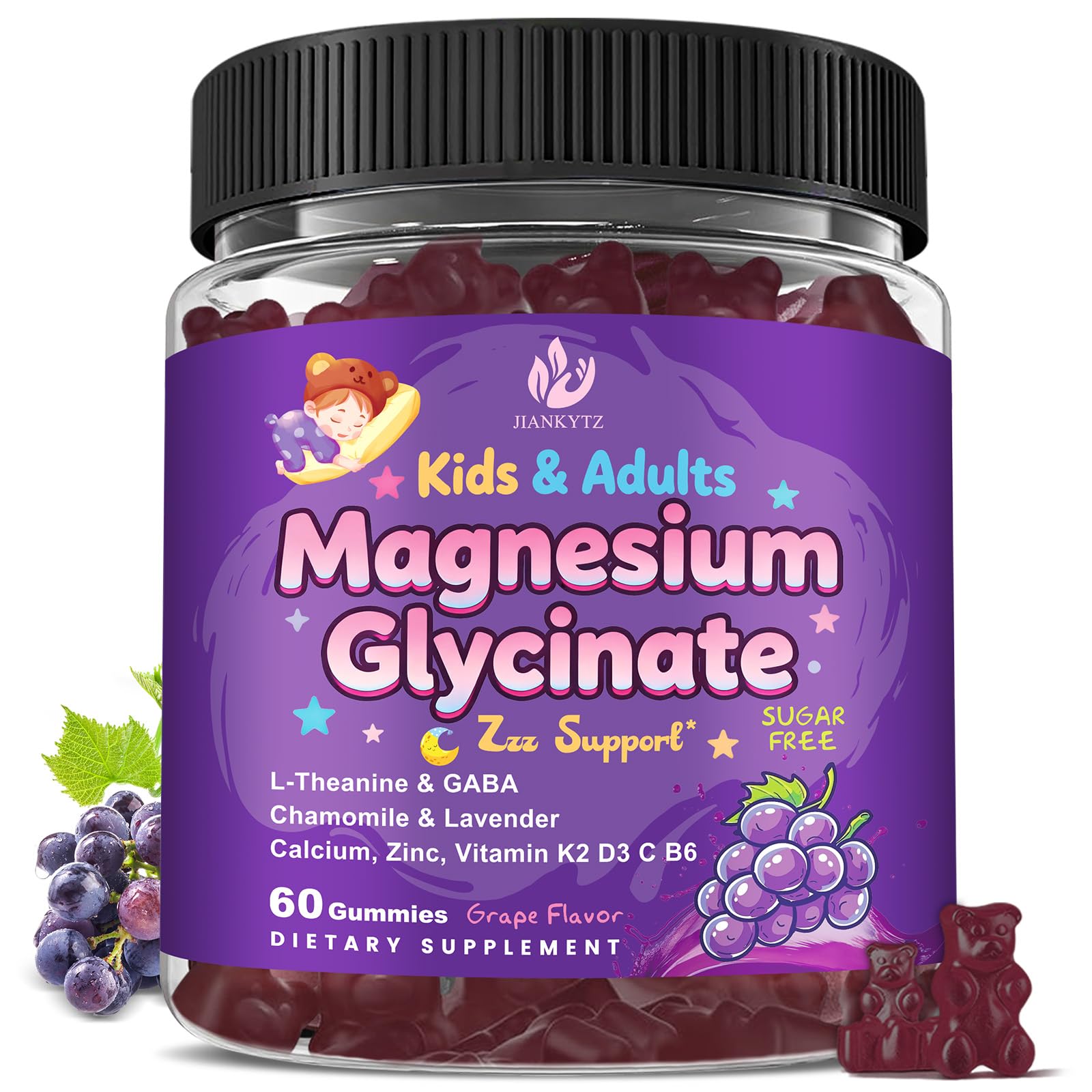 Sugar Free Magnesium Glycinate Gummies for Kids & Adults - Zzz Support, Relaxation & Cognition Support, 200/400mg Magnesium Gummies with L-Theanine, GABA, Calcium, B6, D3, C & K2, Grape Flavor, 60 Ct JIANKYTZBuy Supplements Australia