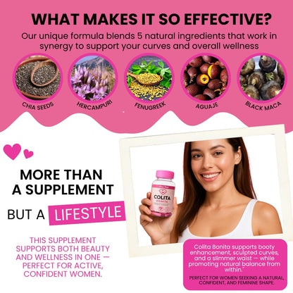 Colita Bonita – Aguaje, Black Maca & Fenugreek Pills – Natural Booty Growth & Hip Shaping Supplement – Supports Curves, Hormonal Balance & Waist Definition – 60 Capsules (30-Day Supply) Curvy FruitBuy Supplements Australia