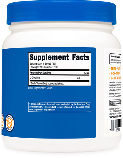 Nutricost Pure L-Citrulline (Base) Powder (600 Grams) NutricostBuy Supplements Australia
