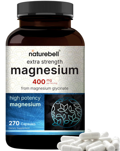 NatureBell Magnesium Glycinate 400mg Elemental, 270 Capsules | 100% Chelated for High Absorption | Supports Muscle, Bone & Heart Health | Non-GMO, Gluten-Free, Vegan NatureBellBuy Supplements Australia