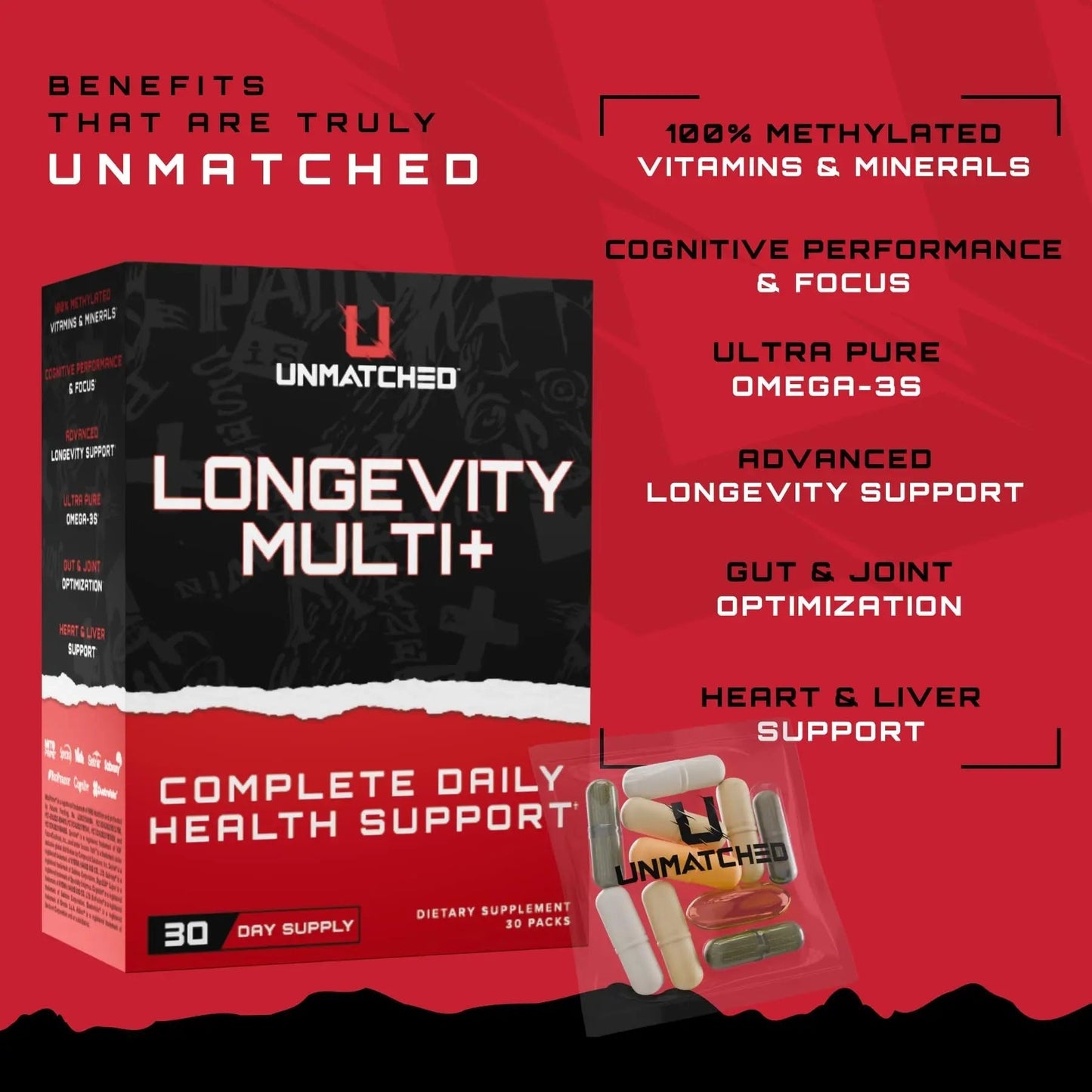 Unmatched Longevity Multi+ | Complete Daily Health Support | Methylated Vitamins & Minerals, Omega-3s, Nootropics, & Longevity Agents | UnmatchedBuy Supplements Australia