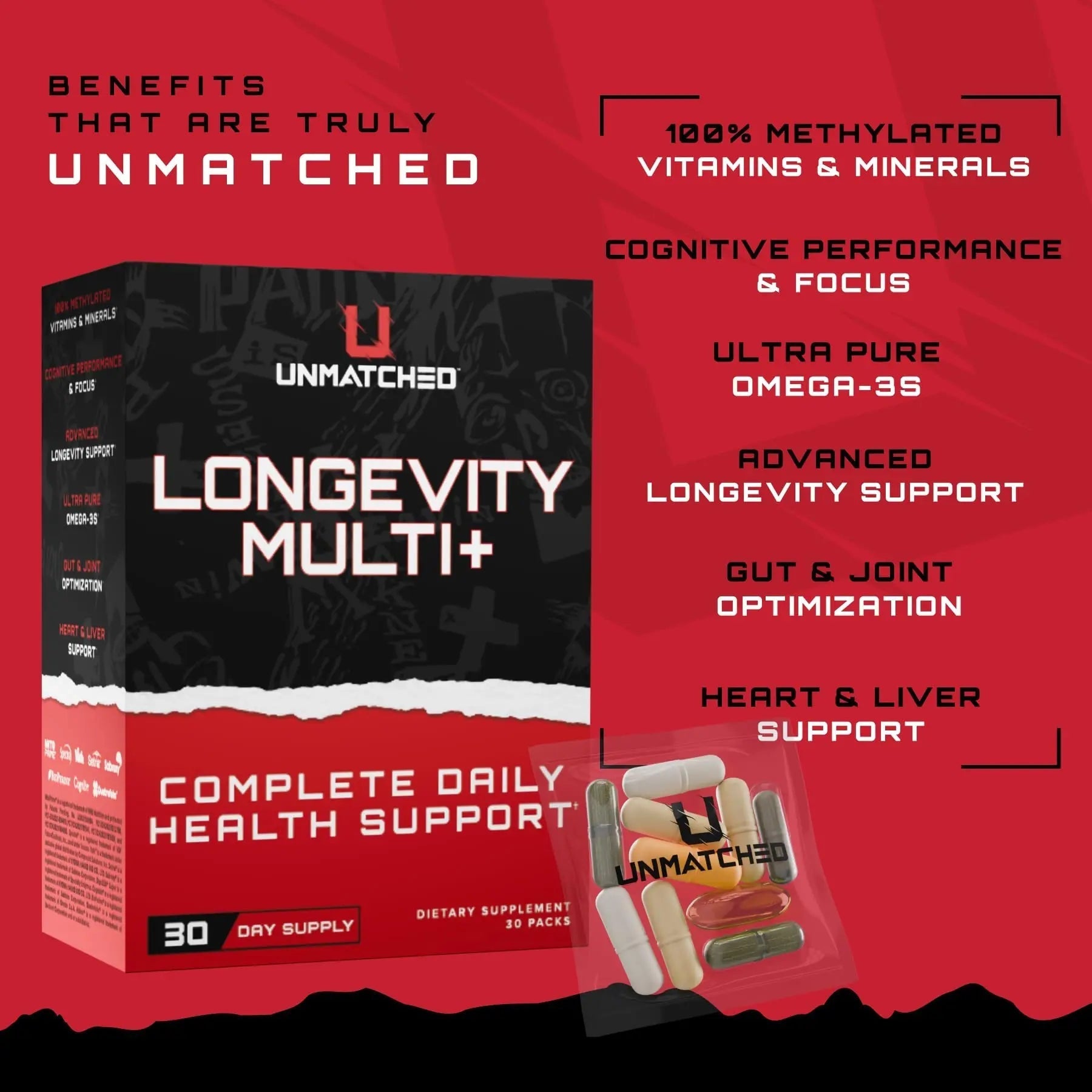 Unmatched Longevity Multi+ | Complete Daily Health Support | Methylated Vitamins & Minerals, Omega-3s, Nootropics, & Longevity Agents | UnmatchedBuy Supplements Australia