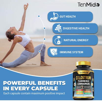 Tenmido Colostrum Supplement - 8in1 Formula - Combine with Turmeric, Ceylon Cinnamon, Quercetin, Royal Jelly, Dandelion, L- Glutamine, and Black Pepper - Digestive Health Support - 120 Capsules TenmidoBuy Supplements Australia