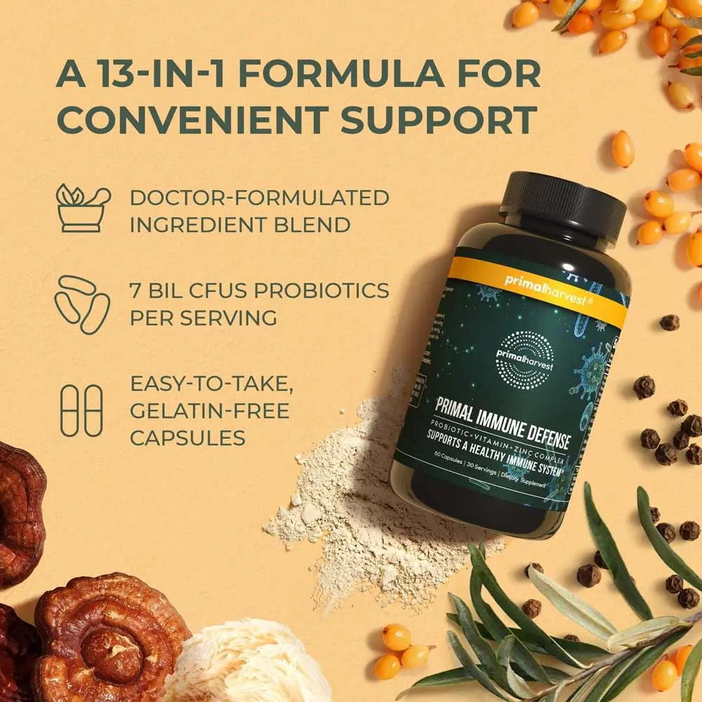 Primal Harvest Primal Immune Defense: 10-in-1 Immune Support with Probiotics, Zinc, Vitamins C, B6, D3 & K2 Primal Harvest