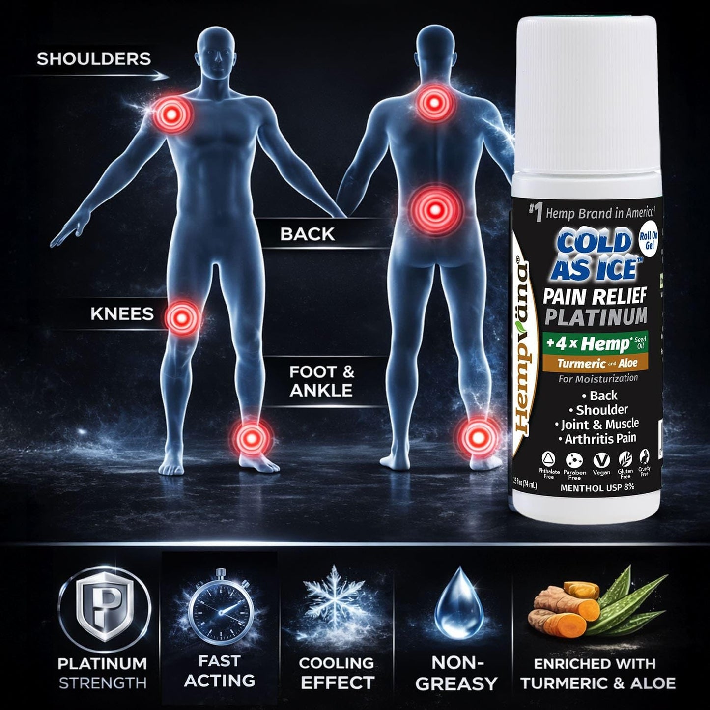 Hempvana Roll On Cold As Ice Platinum Fast Pain Relief for Knees, Neck, Hips, Shoulders, Back + Arthritis Pain Relief w/Hemp Seed Oil, AS SEEN ON TV, Cooling Menthol HempvanaBuy Supplements Australia
