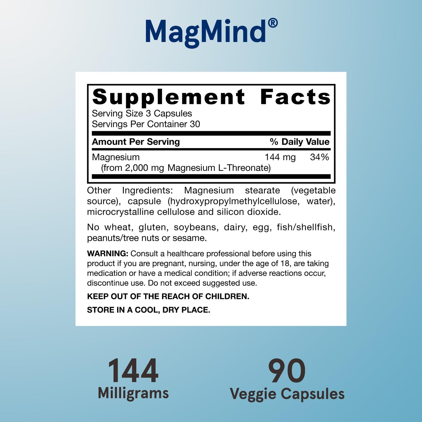 Jarrow Formulas Magnesium L-Threonate, MagMind Magtein Magnesium Supplement, Supplements for Memory Support, 90 Veggie Capsules