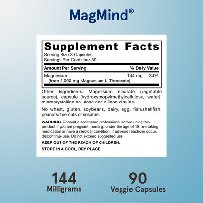 Jarrow Formulas Magnesium L-Threonate, MagMind Magtein Magnesium Supplement, Supplements for Memory Support, 90 Veggie Capsules