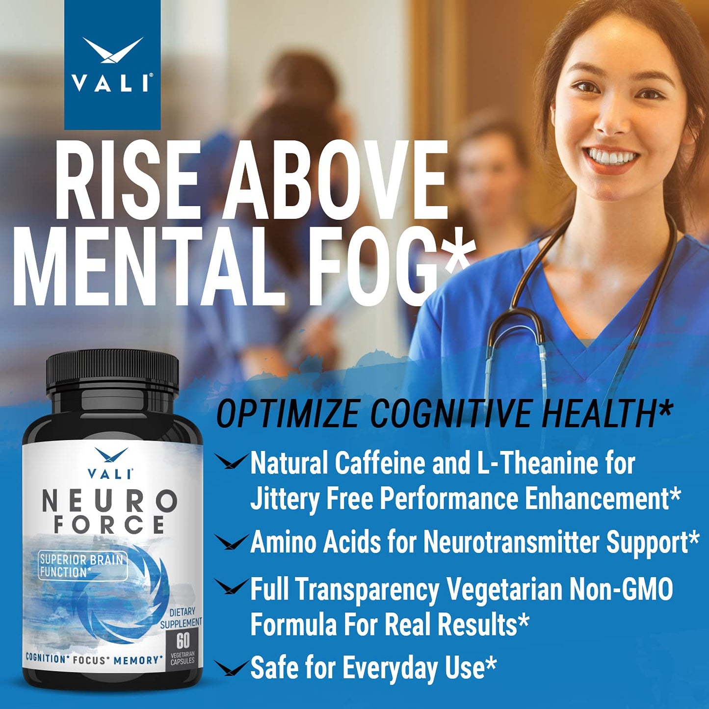 VALI Neuro Force Brain Booster Supplement for Focus, Memory, Clarity & Energy. Extra Strength Nootropic Cognitive Function Support for Mental Performance. with Natural Caffeine. 60 Veggie Capsules VALIBuy Supplements Australia