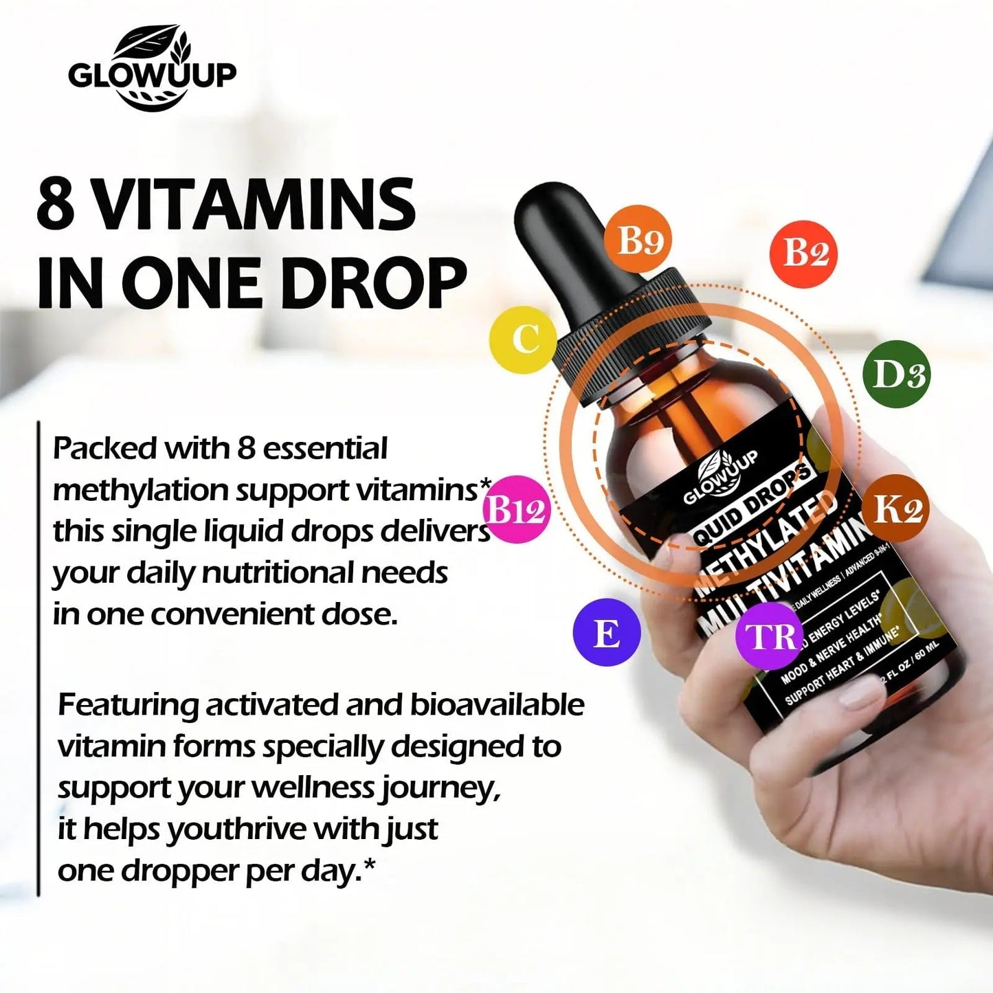Multivitamin for Women & Men, Methylated Multivitamins & Multiminerals liquid Drops with Methylfolate B12 B2 Vitamin C E D3 K2 GLOVVUUP