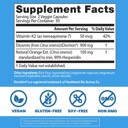 Doctor's Best Vein Support Supplement - Contains Diosmin & Hesperidin, Circulation Support for Legs & Feet, for Men & Women, Formula with Vitamin K2 & Natural Orange Extract, Vegan - 60 Veg Caps Doctor's BESTBuy Supplements Australia