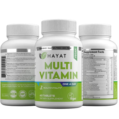 HAYAT Vitamins Vegan Natural Multivitamin, Daily Vitamins with Vitamin A, C, D, E, B1, B2, B3, B6, B12, Biotin, Zinc and More, 2 Month Supply, All Natural HAYAT