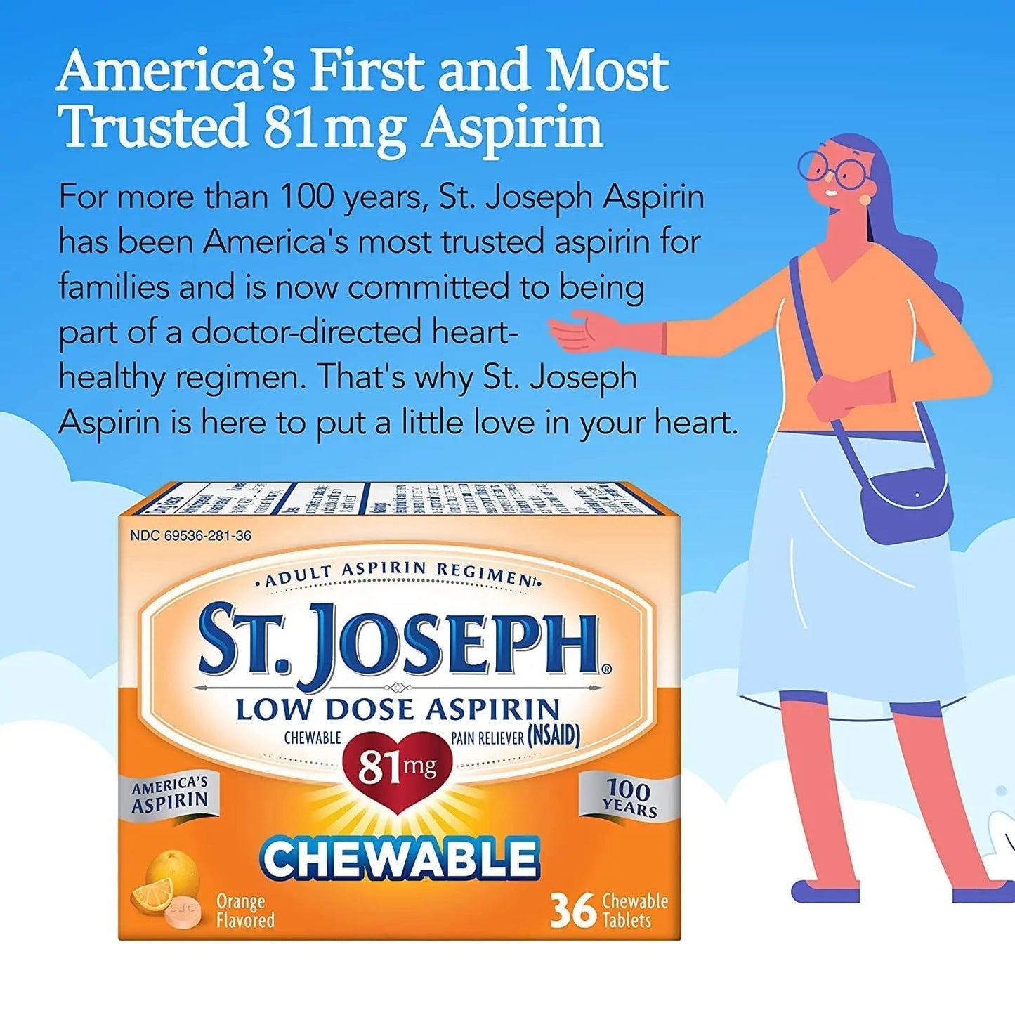 St. Joseph Orange Chewable 81mg Aspirin, 36 Tablets (Pack of 3) St. JosephBuy Supplements Australia