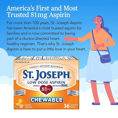 St. Joseph Orange Chewable 81mg Aspirin, 36 Tablets (Pack of 3) St. JosephBuy Supplements Australia