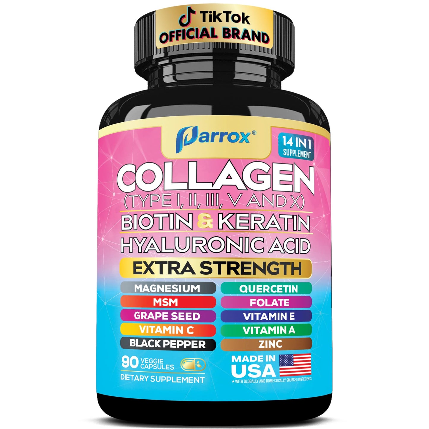 Parrox Collagen Peptides Types I, II, III, V & X, MCG Biotin, Keratin, Hyaluronic Acid, MSM, Zinc, Grape Seed Extract, Quercetin, Vitamin A, Vitamin C,