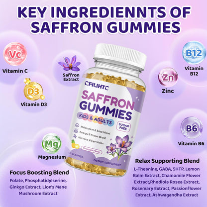 Saffron Gummies for Kids & Adults, 20-in-1 Saffron Supplements with 88.5mg Saffron Extract, B6, B12, C, D3, Magnesium for Calm, Focus, Nerve, Sugar Free, Vegan, Non-GMO - Pineapple Flavor, 60 Counts CFILIHTCBuy Supplements Australia