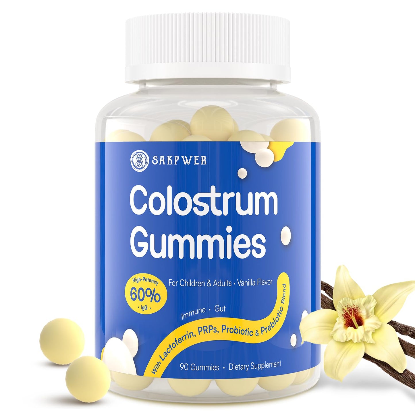 Sakpwer Bovine Colostrum Supplement Gummies - with 60% Highest IgG, Lactoferrin, Probiotics and Prebiotics for Adults and Kids, Vanilla Flavor & Sugar Free, 90 Gummies SakpwerBuy Supplements Australia