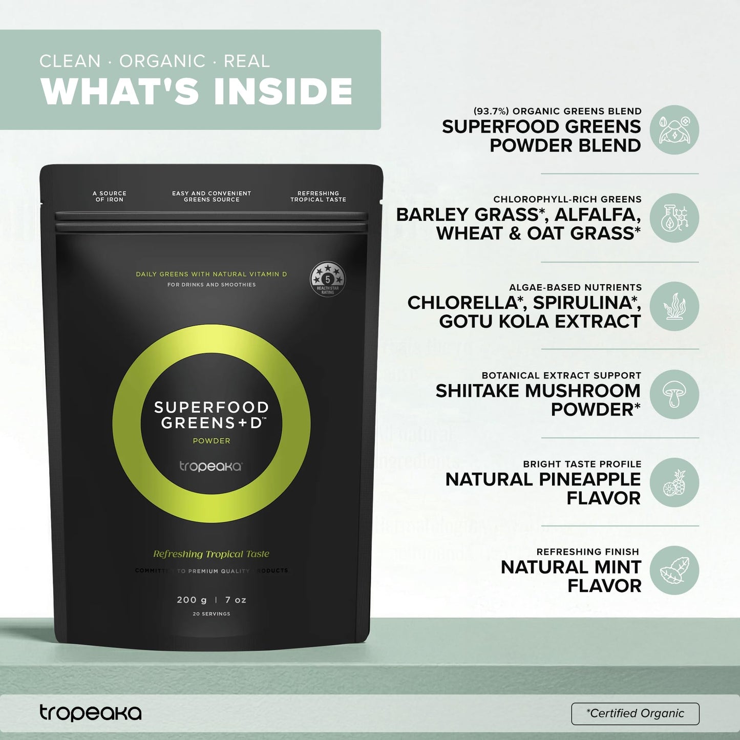 Tropeaka Superfood Greens + D - Antioxidant Green Powder for Energy, Immune System, & Gut Health, Rich in Chlorophyll & Essential Nutrients, Vitamin D, Vegan, Gluten Free, Non-GMO - 7oz (20 Servings) TropeakaBuy Supplements Australia