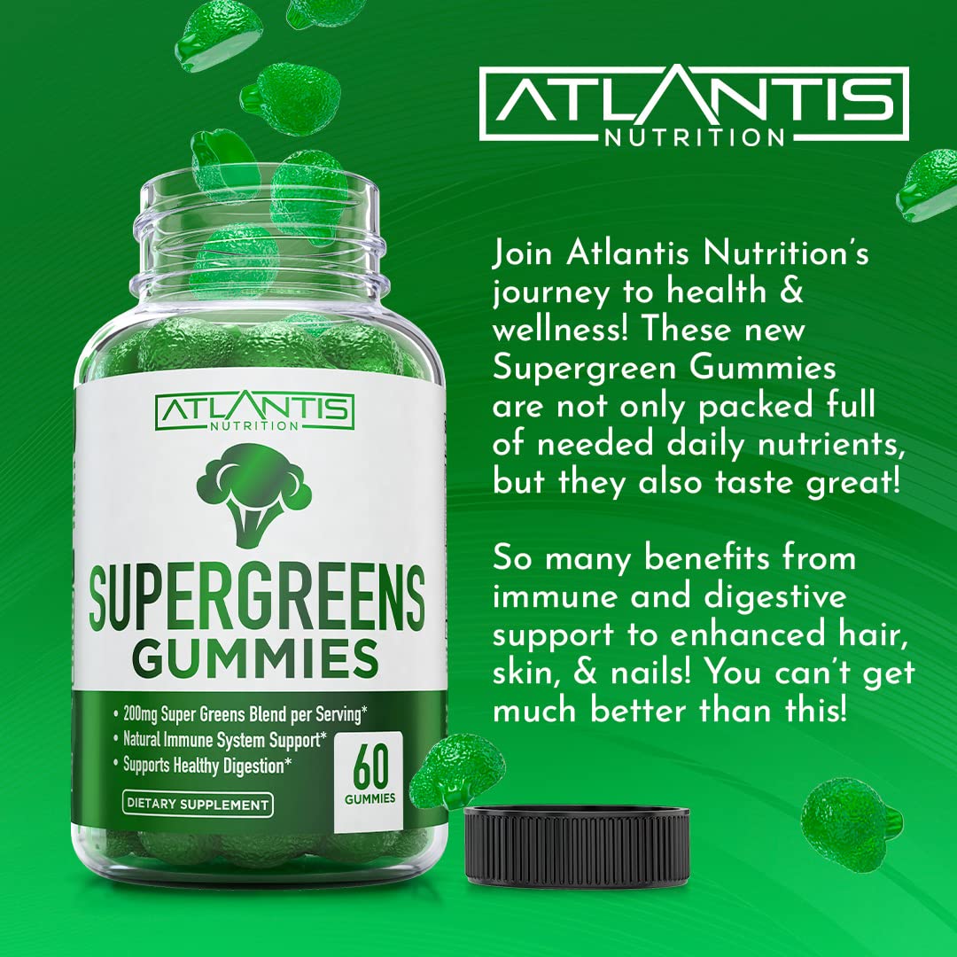 Atlantis Nutrition Supergreens Gummies - Daily Green Superfoods Supplement with Spinach, Broccoli, Moringa, Beet Root, Celery, Green Tea, & Acai for Immunity Support - Natural Raspberry Flavor, 60 cnt Atlantis NutritionBuy Supplements Australia