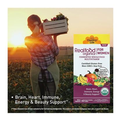 Country Life Realfood Organics Women’s Multivitamin – USDA Organic, Vegan, Gluten-Free – 1,300mg Fermented Whole Foods, Vitamins D, E, B, Folate & Biotin Country Life