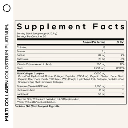 Codeage Multi Collagen Colostrum Powder Platinum - Hydrolyzed Grass-Fed Bovine Collagen Peptides, Grass-Fed Bovine Colostrum Supplement, Vitamin C, Biotin, Hyaluronic Acid, Lactoferrin - 13.4 Oz. CodeageBuy Supplements Australia