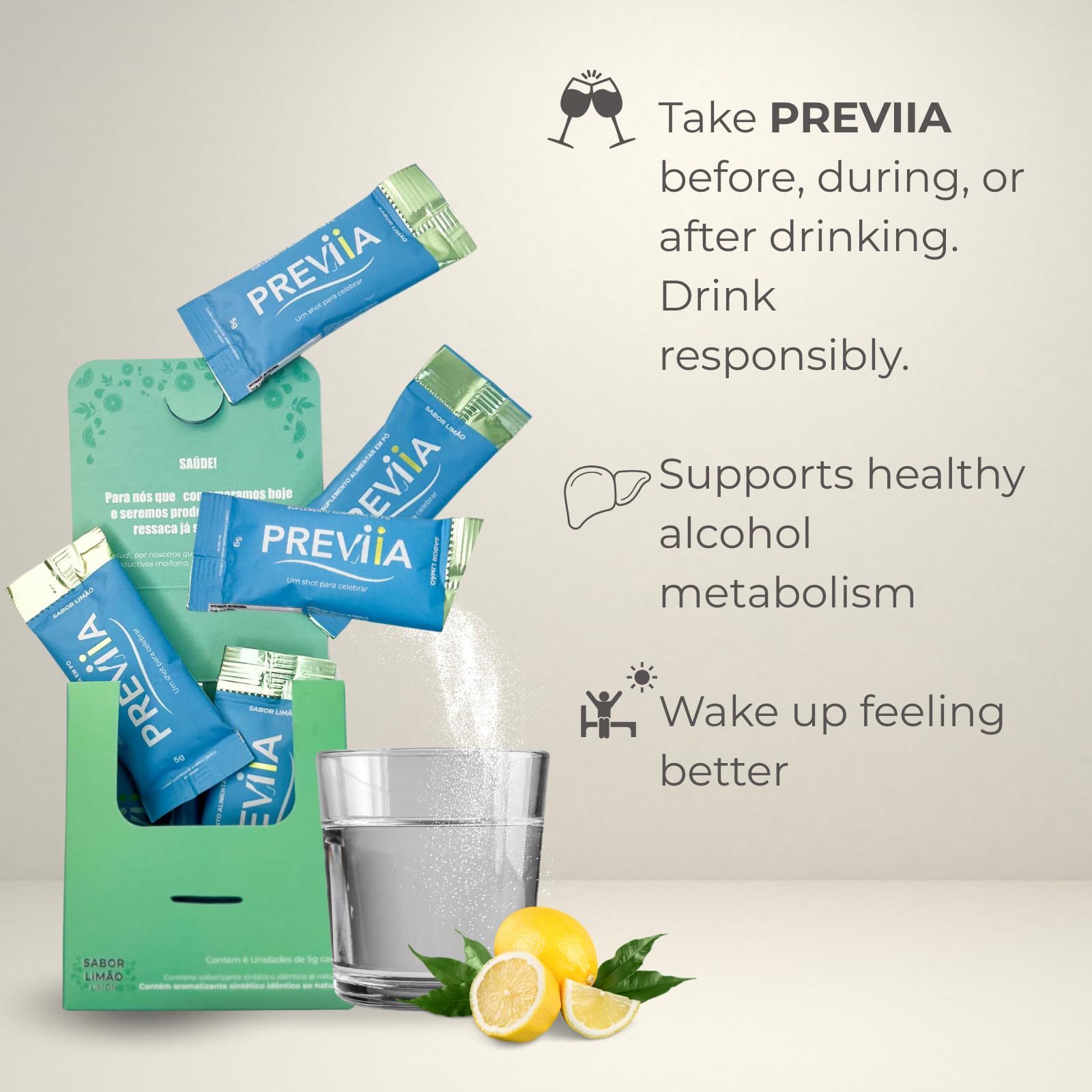 Previia – Pre-Drink Supplement | Nutrients Before Social Drinking | Cysteine, Choline, B-Complex, Magnesium, VIT C | Lemon Flavor | Soluble Drink | 6 Doses | Feel Better After Drinking PreviiaBuy Supplements Australia