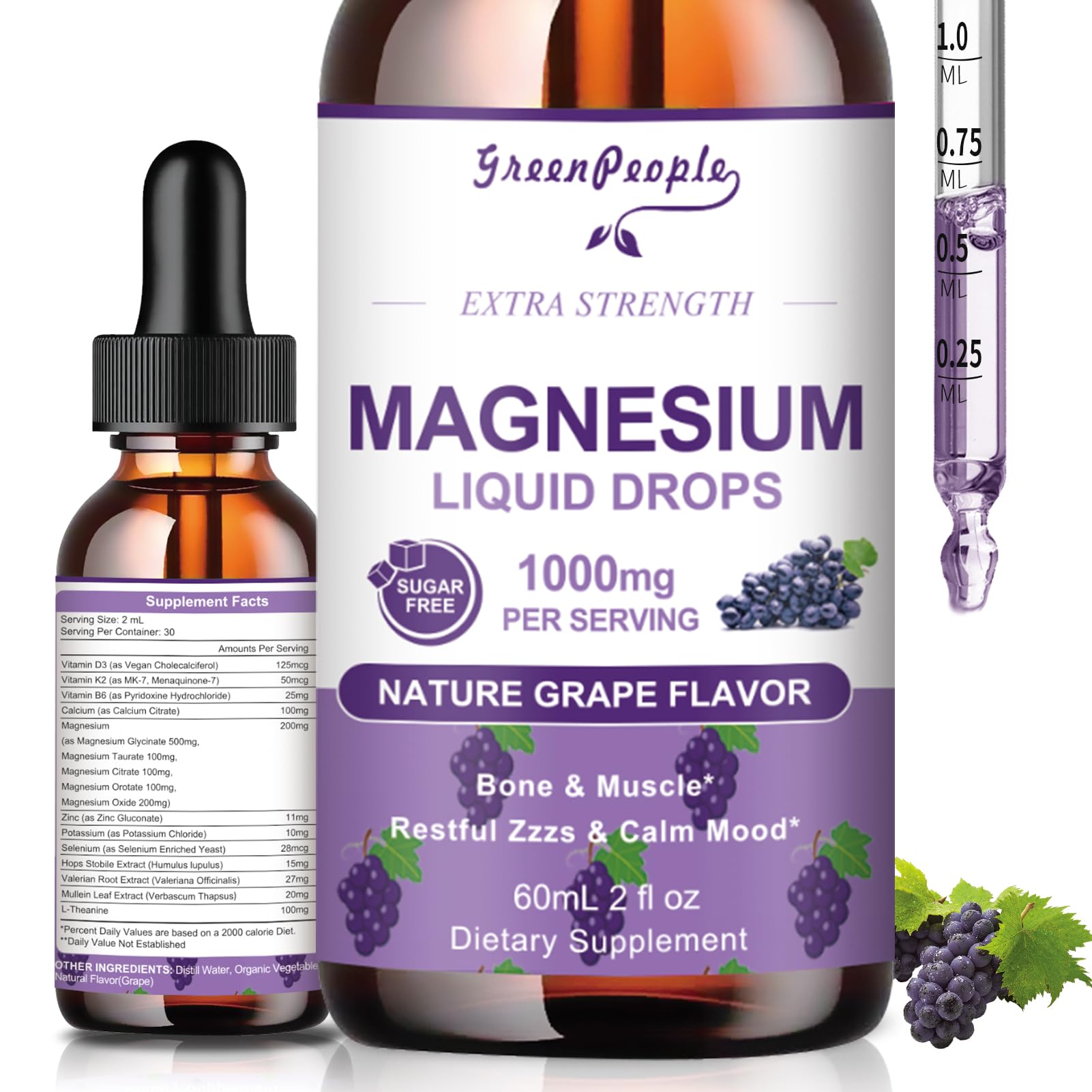 GREENPEOPLE Magnesium Glycinate Liquid Drops - 1000mg 5-in-1 High Absorption Liquid Magnesium for Sleep with D3/K2/B6 | Fast-Acting, Bone, Muscle & Sleep | Sugar-Free Grape Flavor, 2fl Oz GREENPEOPLEBuy Supplements Australia