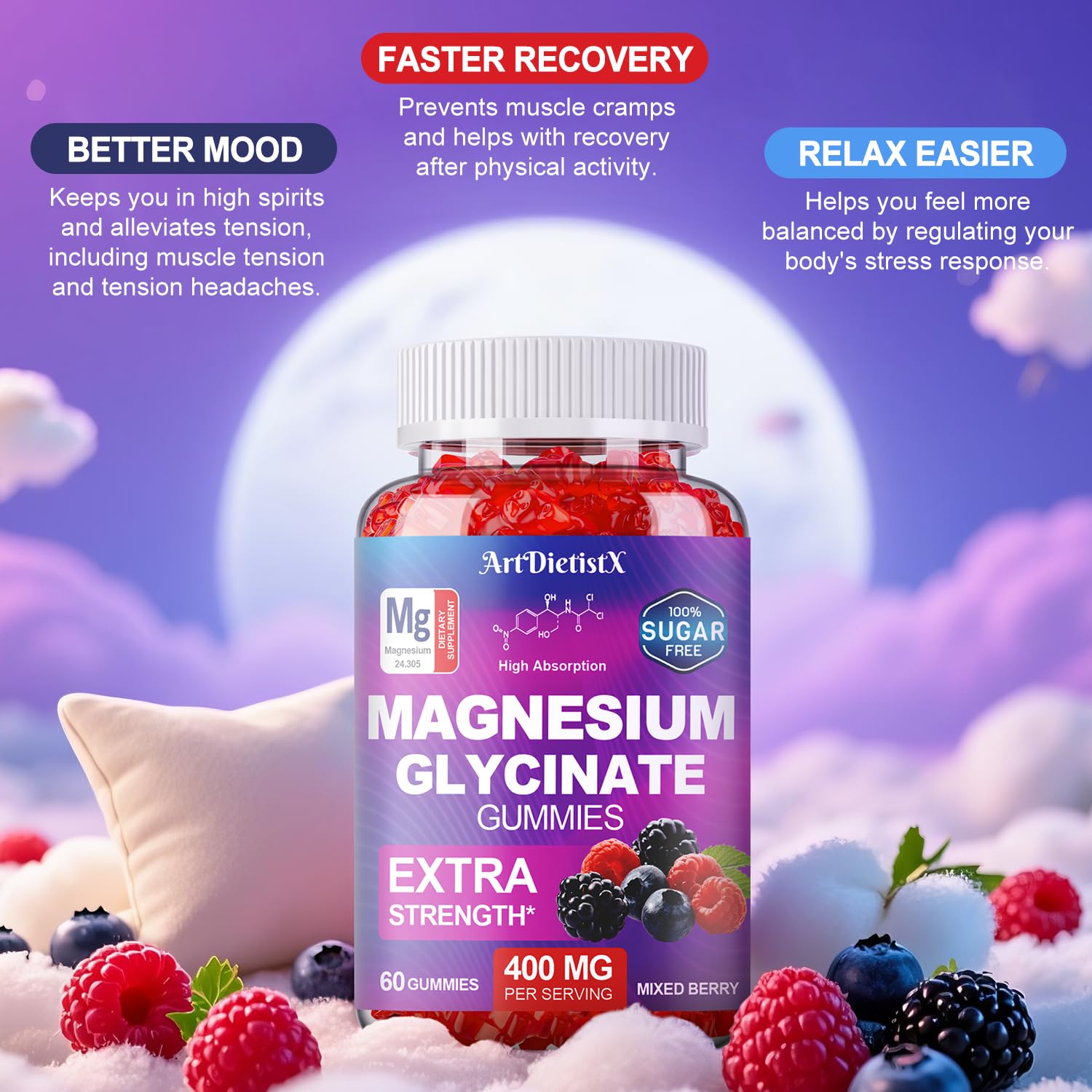 Magnesium Glycinate Gummies 400mg, Sugar Free Mаgnеsium Gummiеs for Adults with Magnesium Malate, Zinc, and Vitamin B6 for Sleep, Body Support and Relaxation, Non GMO, 60 Count-Multi-Flavor ArtDietistXBuy Supplements Australia