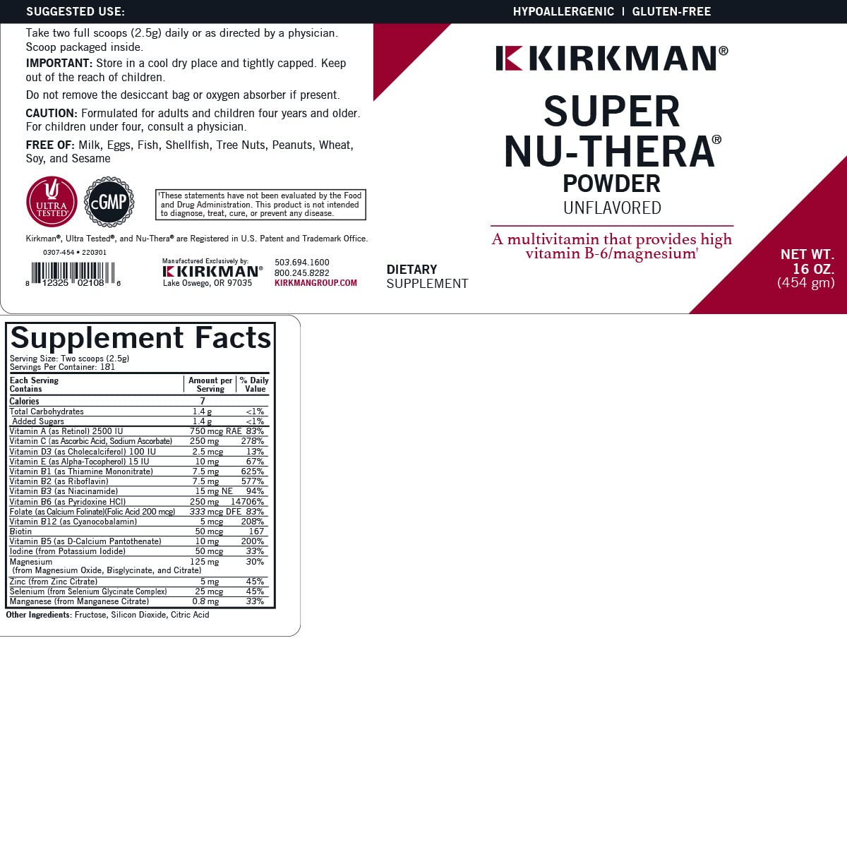 Super Nu-Thera Powder - Hypoallergenic - Unflavored - 16 Ounces KirkmanBuy Supplements Australia