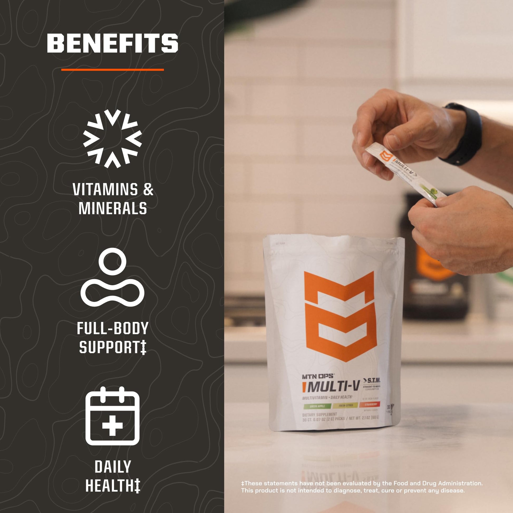 MTN OPS Multi‑V STM On‑the‑Go Daily Multivitamin for Men, Women & Kids – Straight‑to‑Mouth Vitamin C D3 B Zinc Packs – Gluten Free, Natural Flavors, 30 Servings MTN OPSBuy Supplements Australia