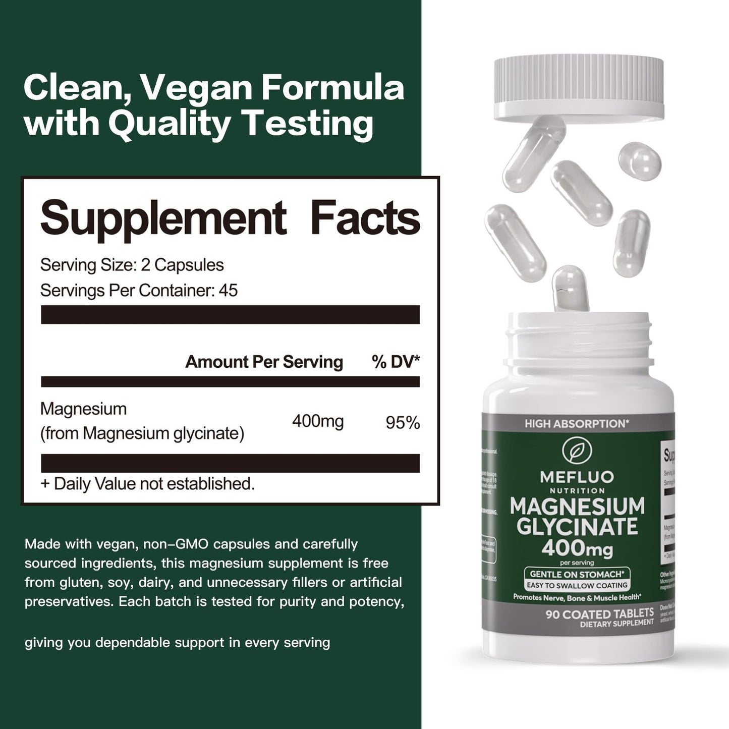 Magnesium Glycinate 400mg – High Absorption Magnesium Supplement for Muscle, Nerve & Sleep Support – Gentle on Stomach, Non-GMO, Vegan Capsules, 90 Count MefluoBuy Supplements Australia