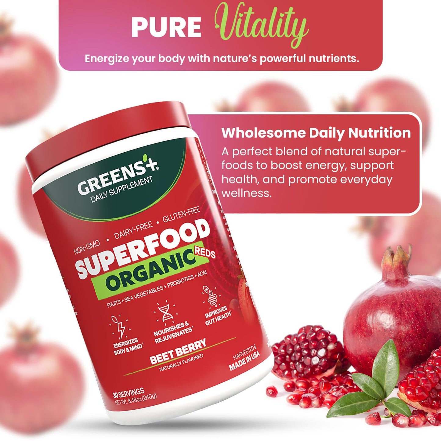 Greens+ Organic Reds Superfood Powder, Antioxidant, Polyphenol, Blend for Morning Kick, Energy, Vitality Boost, Nutrition, Vibrant Health, Vegan Soy/Dairy/Gluten Free(8.46oz) Greens+Buy Supplements Australia