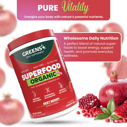 Greens+ Organic Reds Superfood Powder, Antioxidant, Polyphenol, Blend for Morning Kick, Energy, Vitality Boost, Nutrition, Vibrant Health, Vegan Soy/Dairy/Gluten Free(8.46oz) Greens+Buy Supplements Australia