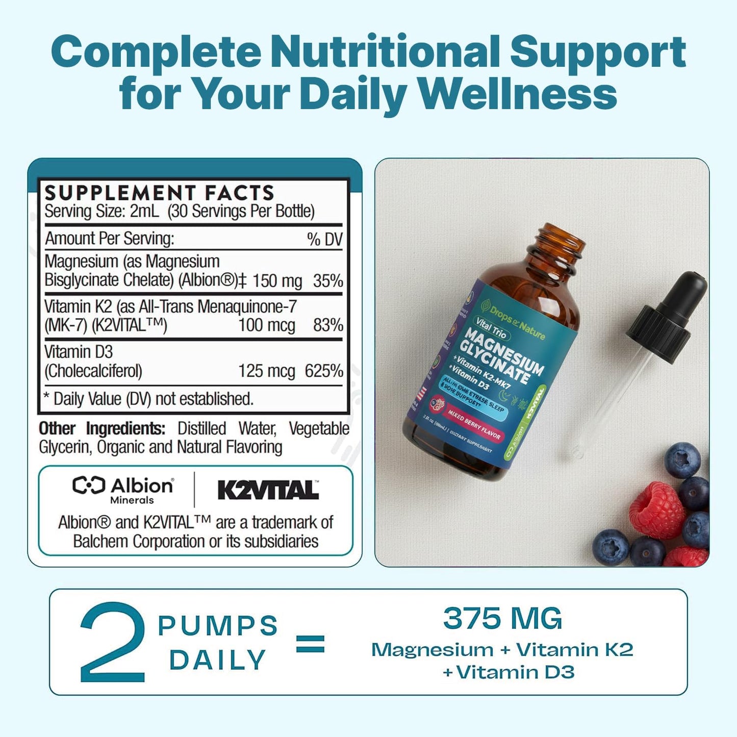Magnesium Glycinate, Vitamin K2 & D3 Supplement – GMO-Free – VIT D MK7 K2 Vitamin Supplement & Magnesium Blend – with Nutrients for Bone Nutrition & Cardiovascular Function (Mixed Berry, 60 mL) Drops Of NatureBuy Supplements Australia
