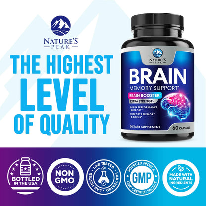 Brain Memory Supplement - 3X Strength Nootropics for Concentration, Clarity & Focus Support - Brain Health Cognitive Vitamins with Bacopa, Phosphatidylserine & DMAE, Brain Booster Pills, 60 Capsules Nature's PeakBuy Supplements Australia