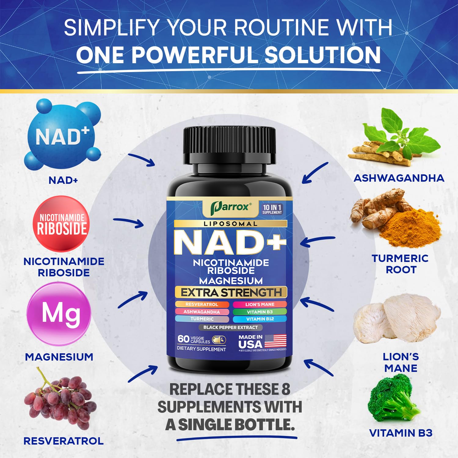 Parrox NAD+ Supplement with Liposomal NAD+, Nicotinamide Riboside, Magnesium, Vitamin B3 & B12, Resveratrol, Turmeric, Ashwagandha, Lion’s Mane,10-in-1 Extra Strength (2 Pack) ParroxBuy Supplements Australia