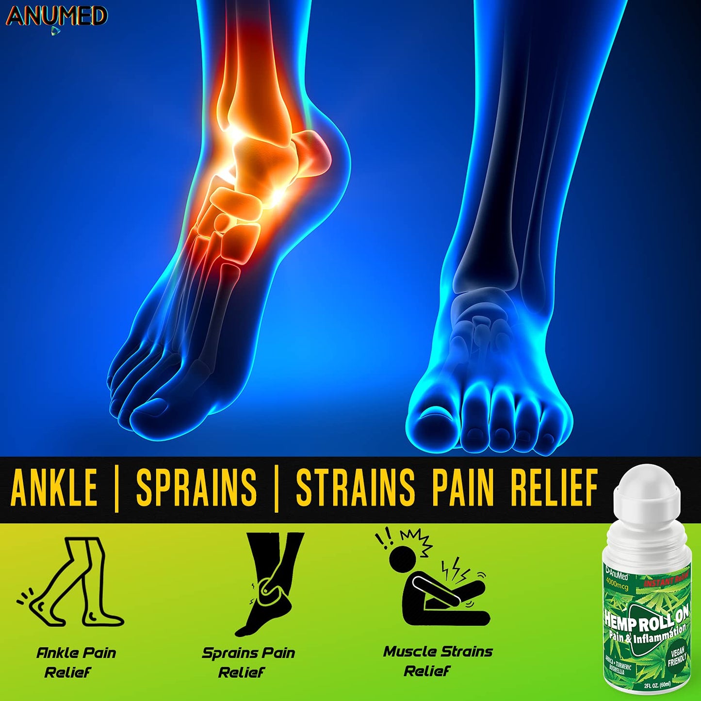 ANUMED Hemp Roll-On 4000mg Pain Relief. Fast Acting, Long Lasting, Maximum Strength with Arnica + Turmeric for Anti-Inflammatory, Natural Recovery, Joint, Muscle, Nerve Pain Reliever 2 Packs of (1oz) AnuMed InternationalBuy Supplements Australia