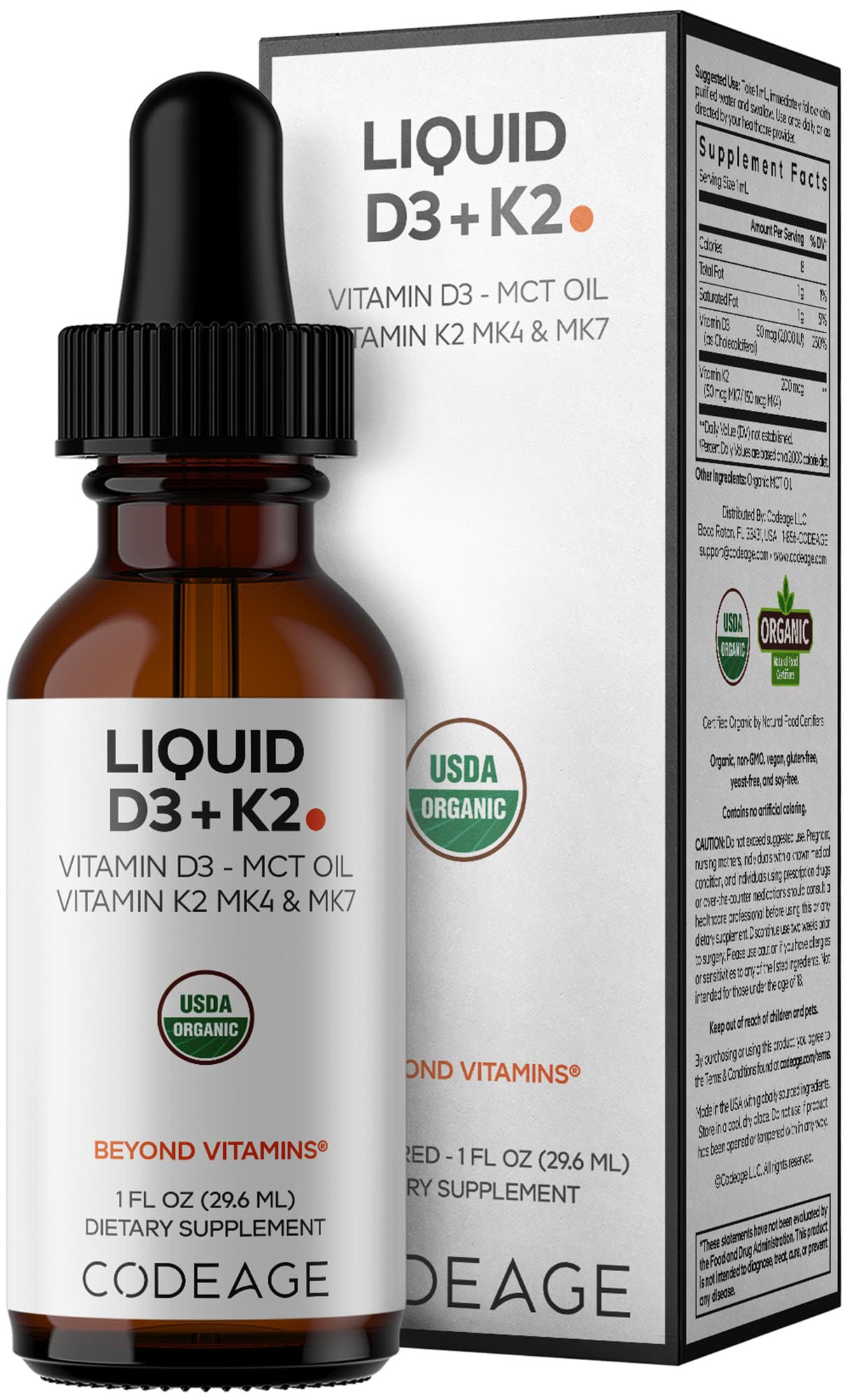 Codeage Liquid D3+K2 Vitamins USDA Organic - Vitamin D3 2000 IU, Vitamin K2 (MK4 & MK7) Liquid Drops - Immune Support - Unflavored - Organic MCT Oil - Non-GMO - 1 fl oz CodeageBuy Supplements Australia