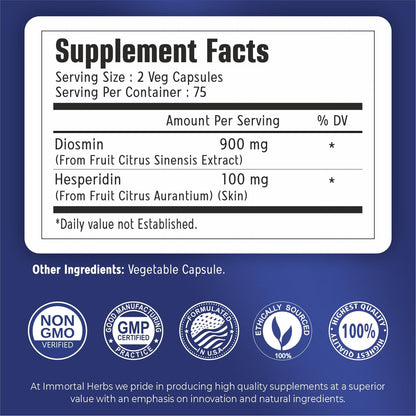 Immortal Herbs Diosmin Hesperidin 1000mg Complex, 150 Capsules, Citrus Bioflavonoids Rich Fruit Extract, 100% Vegetarian, Non-GMO & Gluten Free Diosmin Supplement with Max Strength Immortal HerbsBuy Supplements Australia