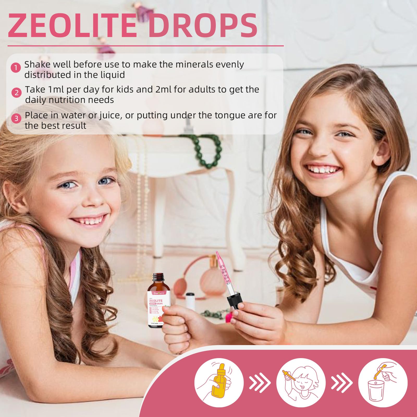 Geeoasis Zeolite Detox for Kids & Adults, 300 mg Zeolite Clinoptilolite Liquid with Vitamin B12 & D3, Vitamin C & Zinc Gluconate, Immune Support & Gut Health, Natural Strawberry Flavor, 2 Fl Oz GeeoasisBuy Supplements Australia
