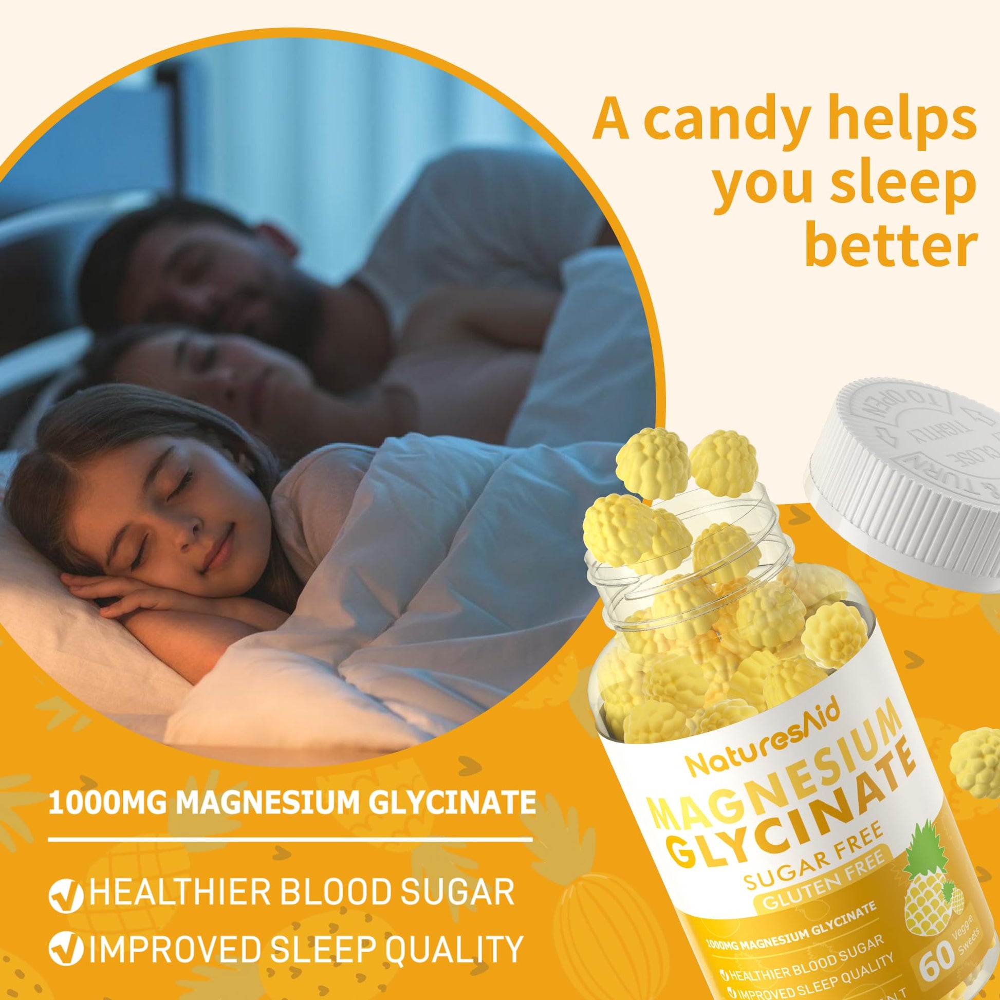 Magnesium Glycinate Gummies 1000mg - Sugar Free Magnesium Potassium Supplement with Vitamin D, B6, CoQ10 for Calm Mood & Sleep Support - 60 Pineapple Gummies -1 Pack Natures AidBuy Supplements Australia