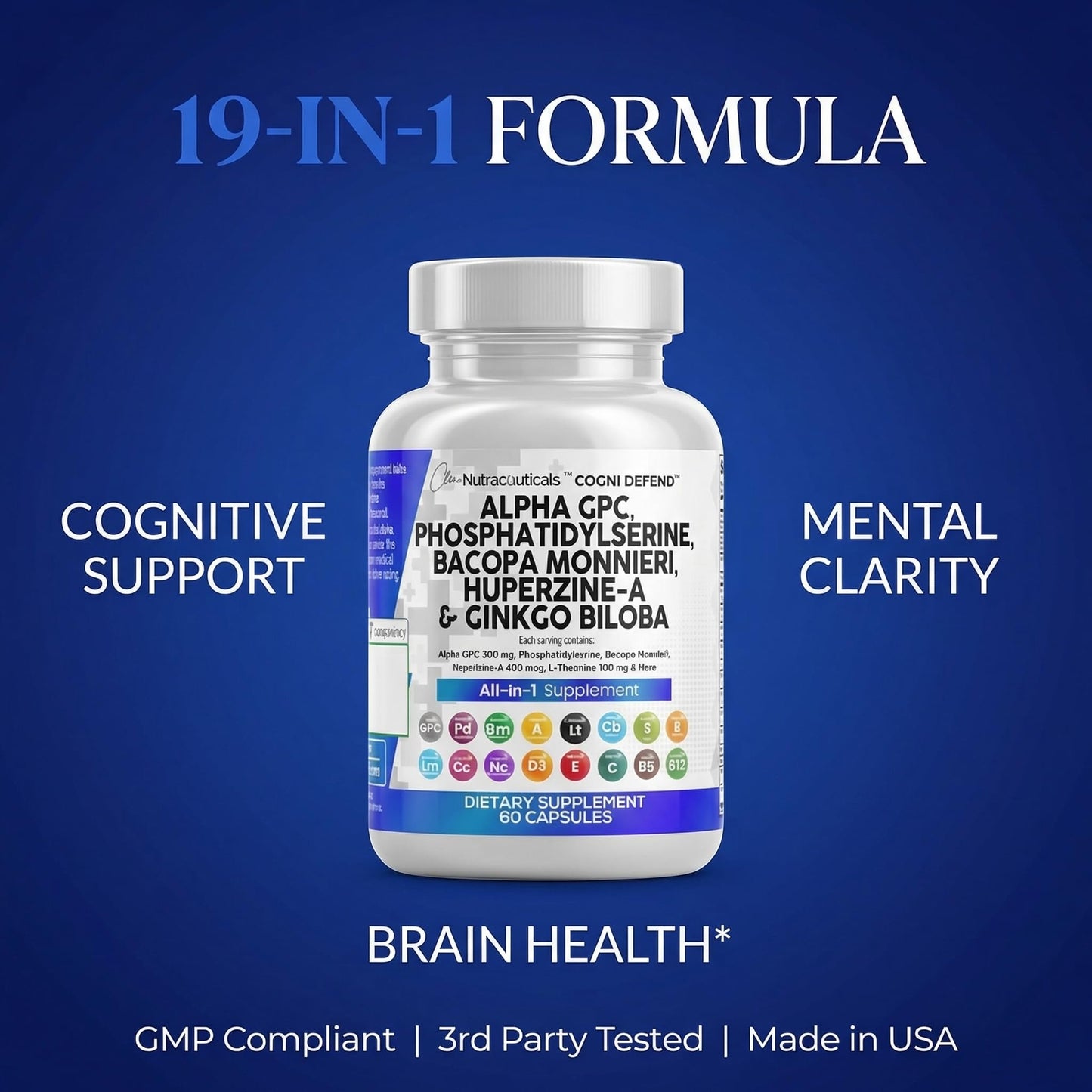 Brain Supplement Alpha GPC 300mg Phosphatidylserine Bacopa Monnieri Ginkgo Biloba Lions Mane Huperzine A L-Theanine NAC Nootropic Memory Focus Cognitive Support Vitamins B C D E 60 Capsules USA Clean NutraceuticalsBuy Supplements Australia