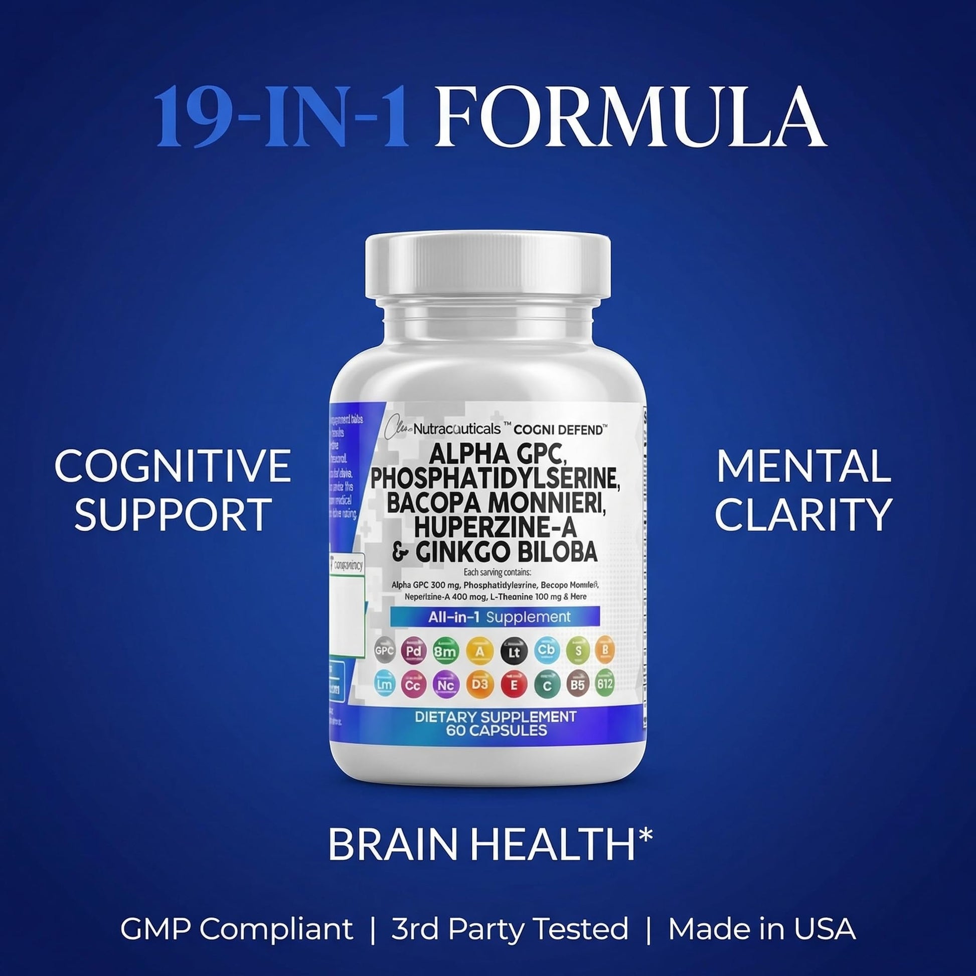 Brain Supplement Alpha GPC 300mg Phosphatidylserine Bacopa Monnieri Ginkgo Biloba Lions Mane Huperzine A L-Theanine NAC Nootropic Memory Focus Cognitive Support Vitamins B C D E 60 Capsules USA Clean NutraceuticalsBuy Supplements Australia