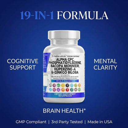 Brain Supplement Alpha GPC 300mg Phosphatidylserine Bacopa Monnieri Ginkgo Biloba Lions Mane Huperzine A L-Theanine NAC Nootropic Memory Focus Cognitive Support Vitamins B C D E 60 Capsules USA Clean NutraceuticalsBuy Supplements Australia
