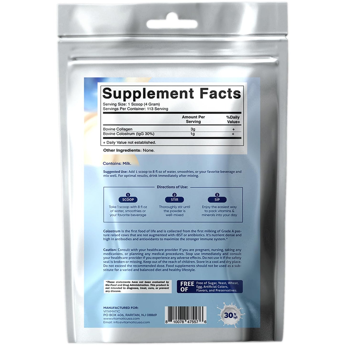 Vitamatic Bovine Colostrum + Collagen Powder - Supplement for Gut Health, Hair Growth, Beauty, Muscle Recovery, & Immune Support - Easy to Mix - Unflavored - 454 Gram, (16 oz) VitamaticBuy Supplements Australia