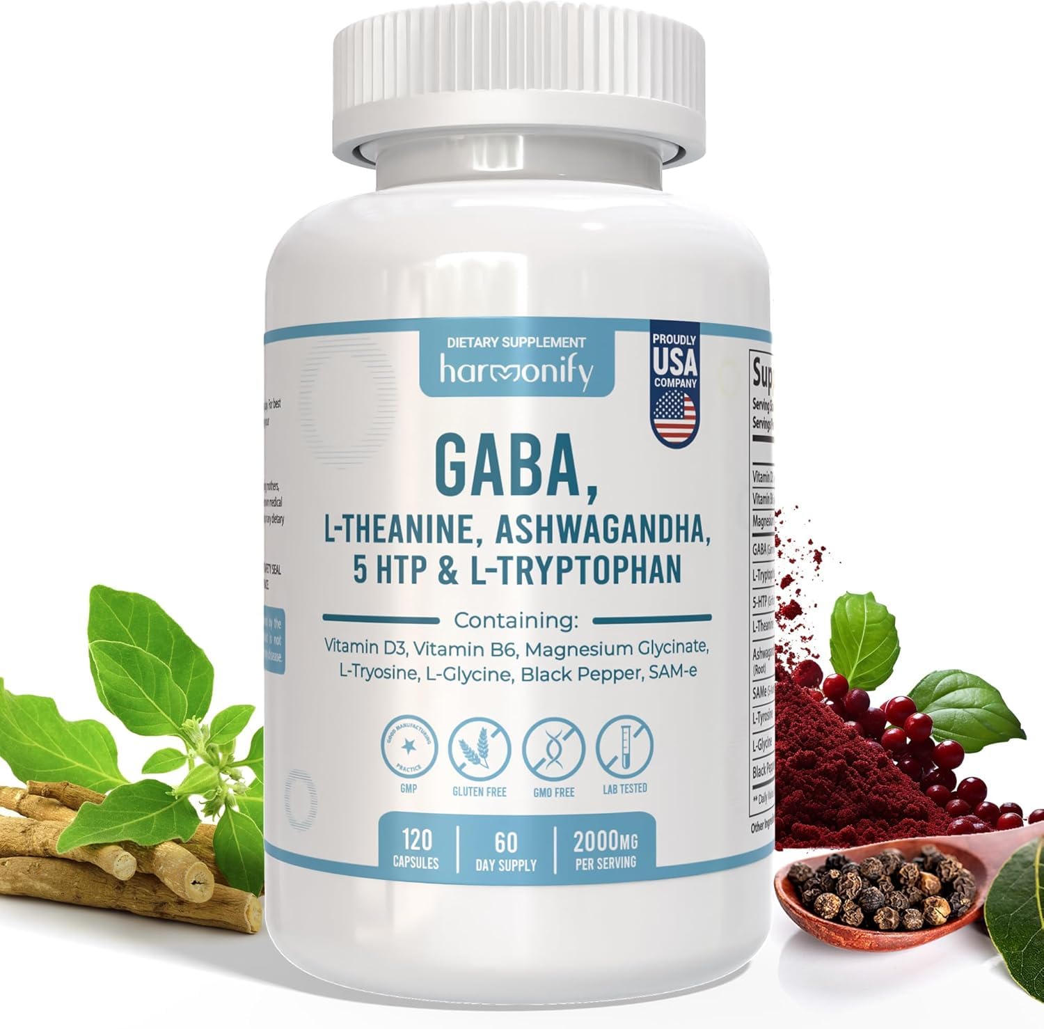 HARMONIFY GABA L-Theanine Supplements with Magnesium Glycinate, Ashwagandha, Same, 5-HTP and L-Tryptophan, 12 in 1 Supplements, 120 Capsules, 2000 mg HARMONIFYBuy Supplements Australia