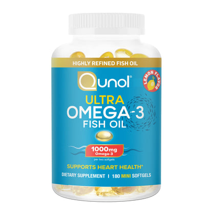 Qunol Fish Oil Omega 3 Mini Softgels, 1000mg Omega 3 EPA + DHA, Ultra Pure Supplements, Heart Health Support, Lemon Flavor